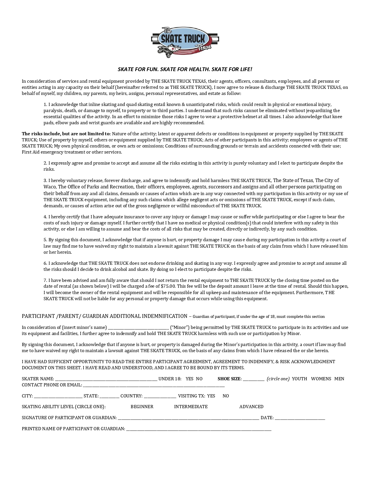 Skate Truck Participant Agreement Risk Acknowledgement Waiver Form
